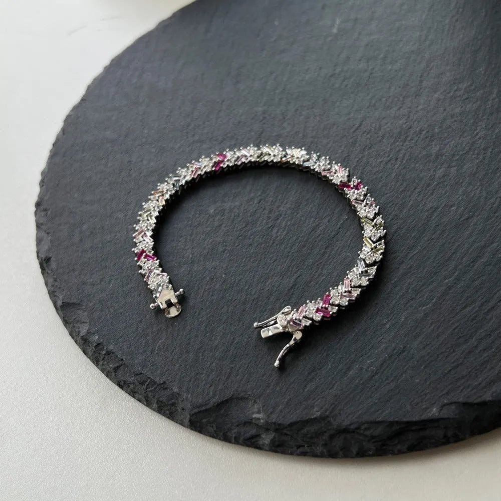S925 sterling silver women's bracelet platinum colour with zirconium accents geometric round ring style 16cm size