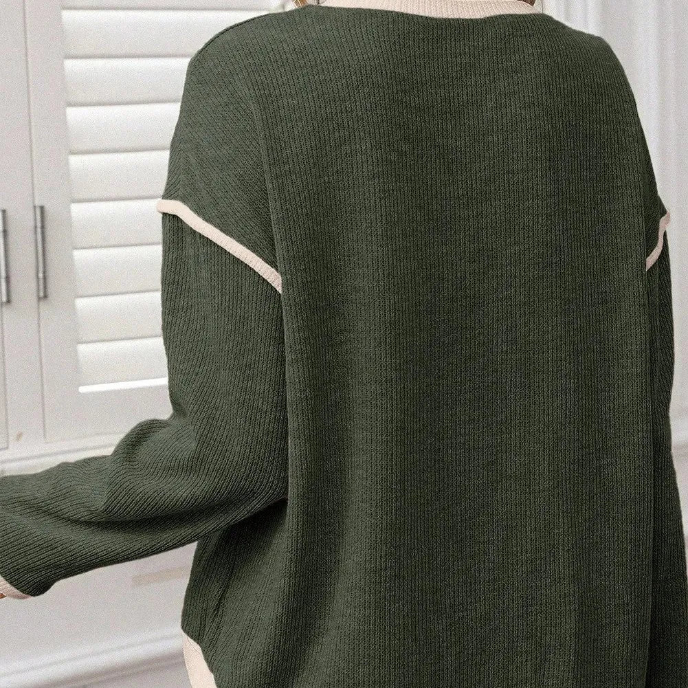 Knit drop shoulder loose top with contrast trim in Four Leaf Clover colour