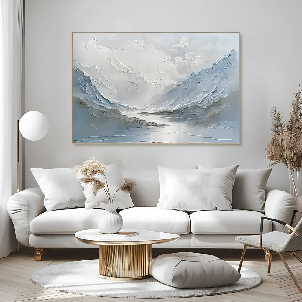 Light blue and white handpainted oil painting of mountain and lake scenery on thick canvas