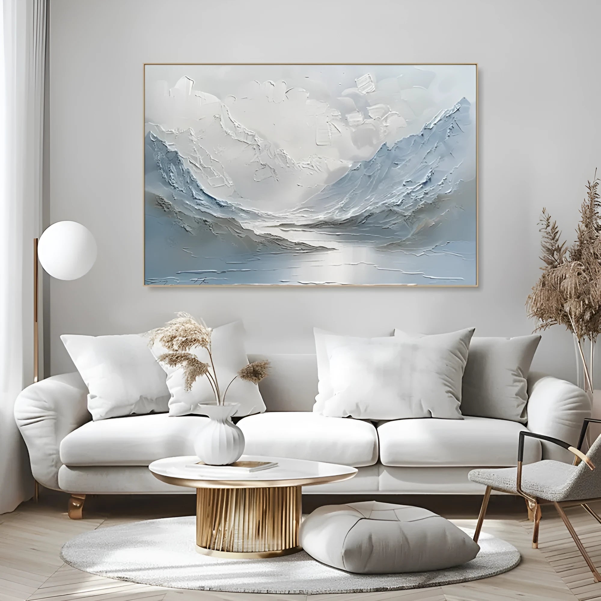 Light blue and white handpainted oil painting of mountain and lake scenery on thick canvas