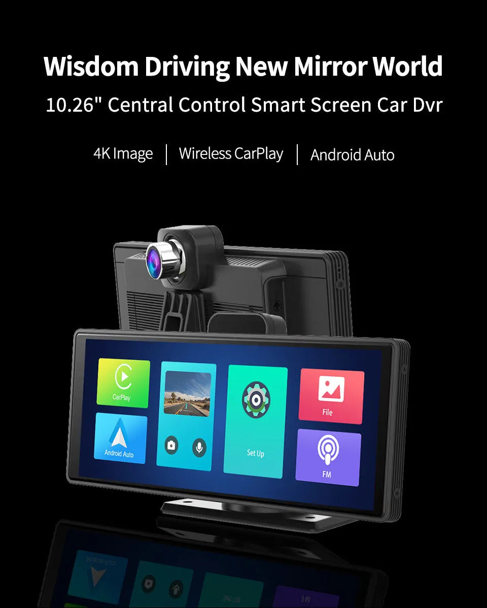12-inch touch screen car DVR on dashboard showing split-screen view of front 4K and rear 1080P camera feeds.