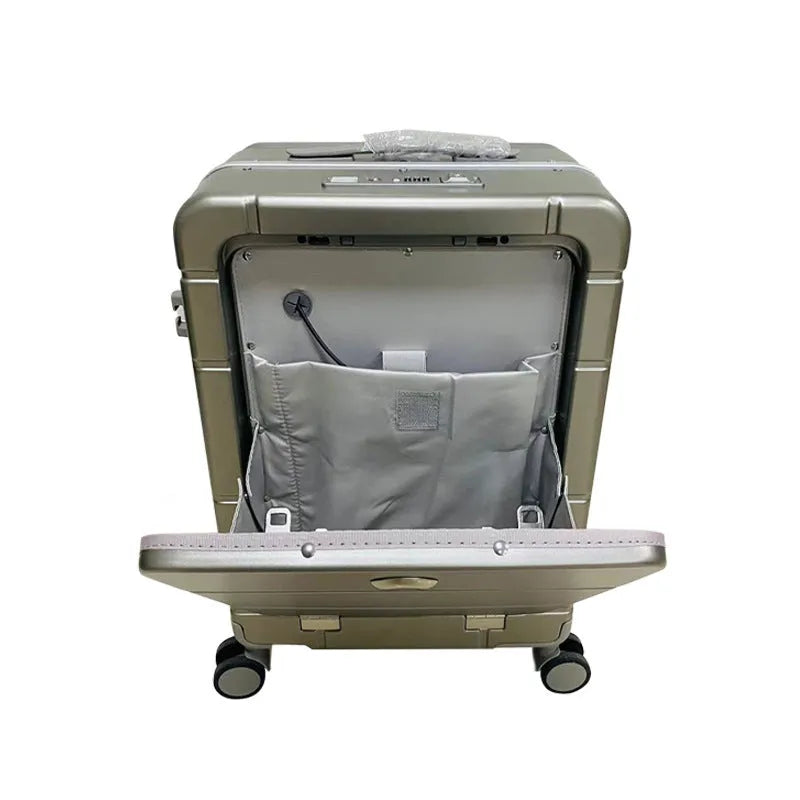 20-inch front opening suitcase in four colour options showing dry wet separation compartments and external holders