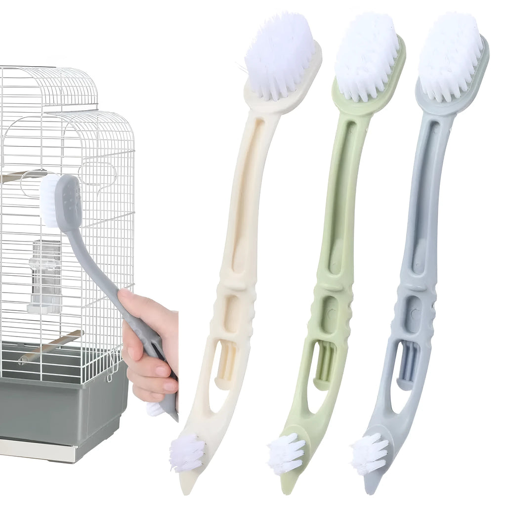 Bird cage cleaner with two plastic brush heads on a long handle in beige, blue, and green colours
