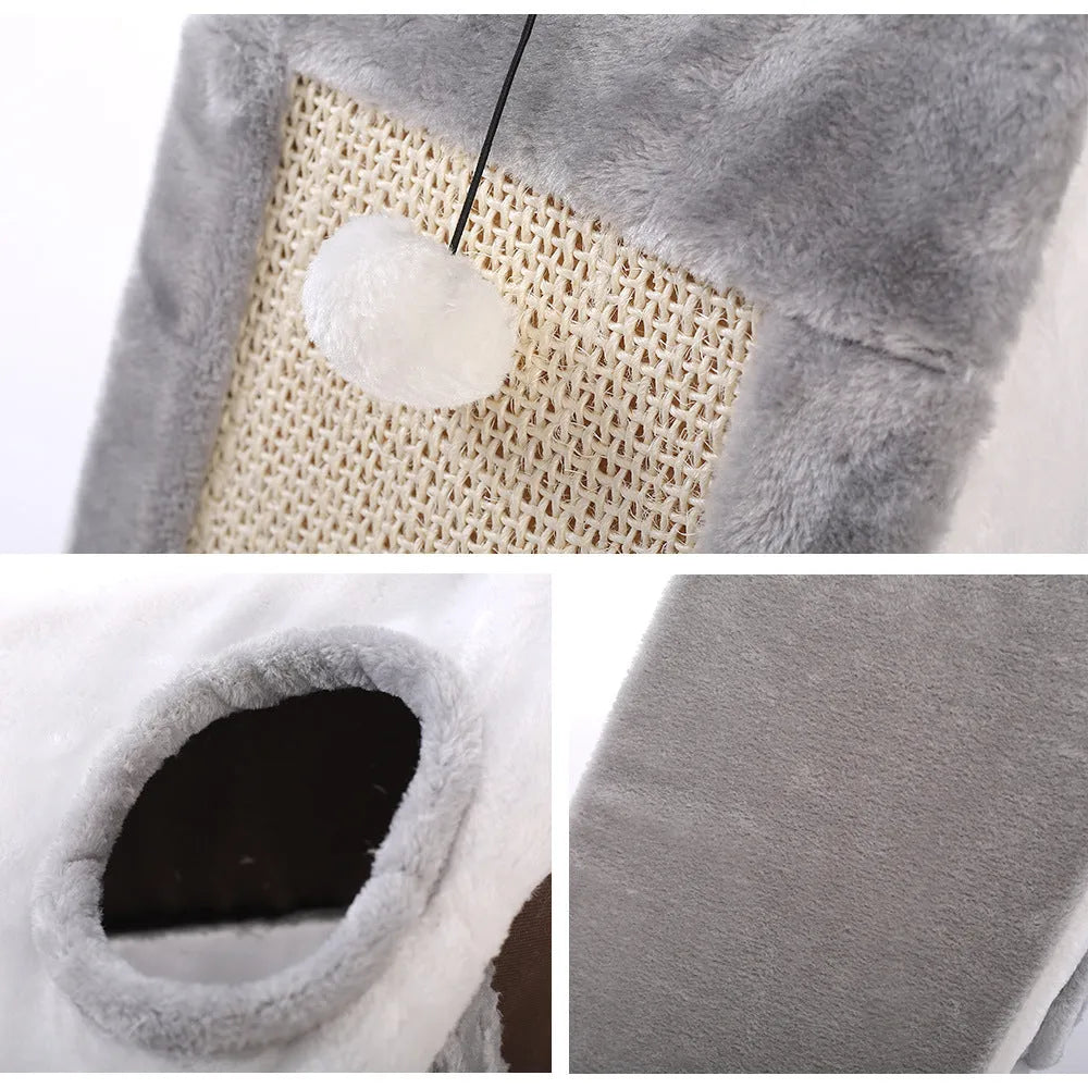 Triangular grey and white cat scratching post toy with integrated fur bed for indoor cats