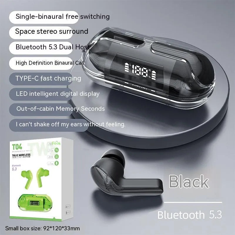 Transparent digital display case for a wireless Bluetooth headset with colour options of pink, black, green, and white.