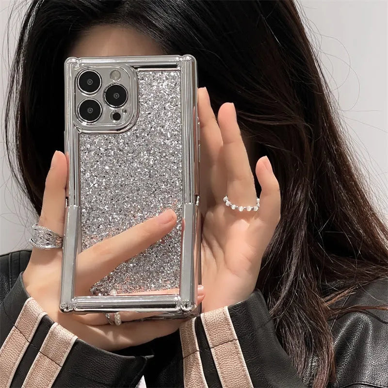 Silver electroplated silicone phone case with glitter and invisible bracket for iPhone