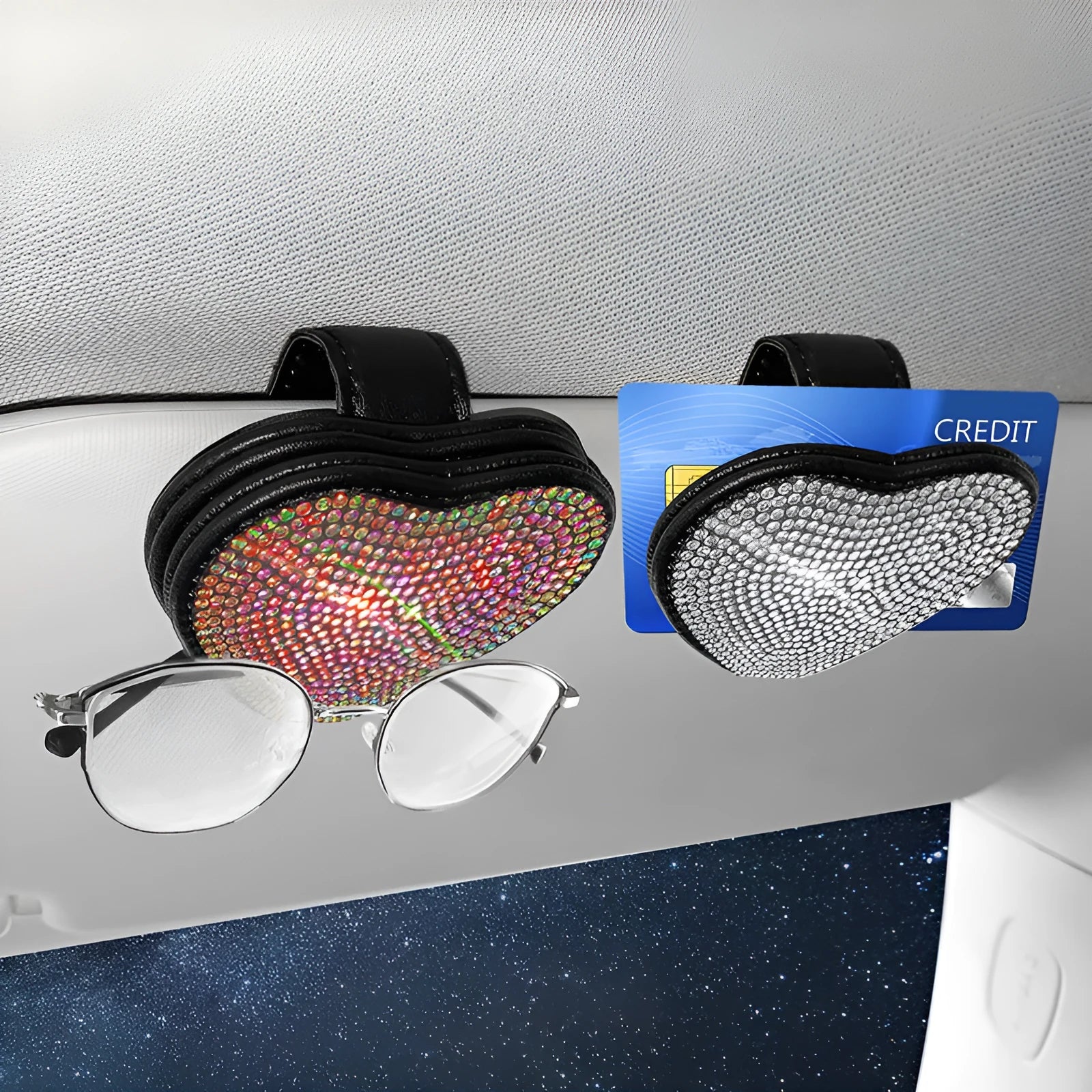 A black PU leather magnetic storage clip with a diamond pattern on a car sun visor, holding a pair of sunglasses.