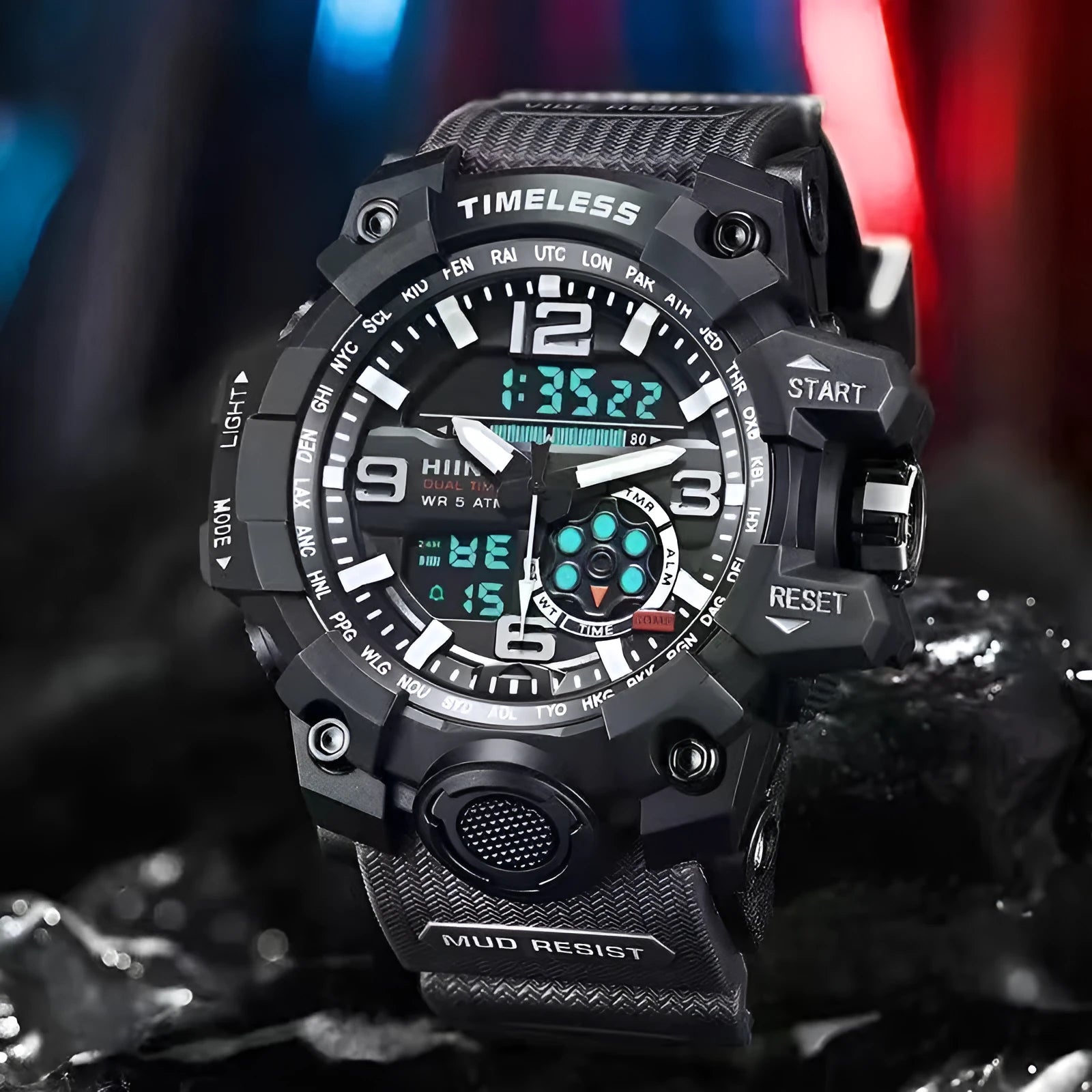 Men's waterproof sports watch with dual display, round dial, black resin case and PU strap