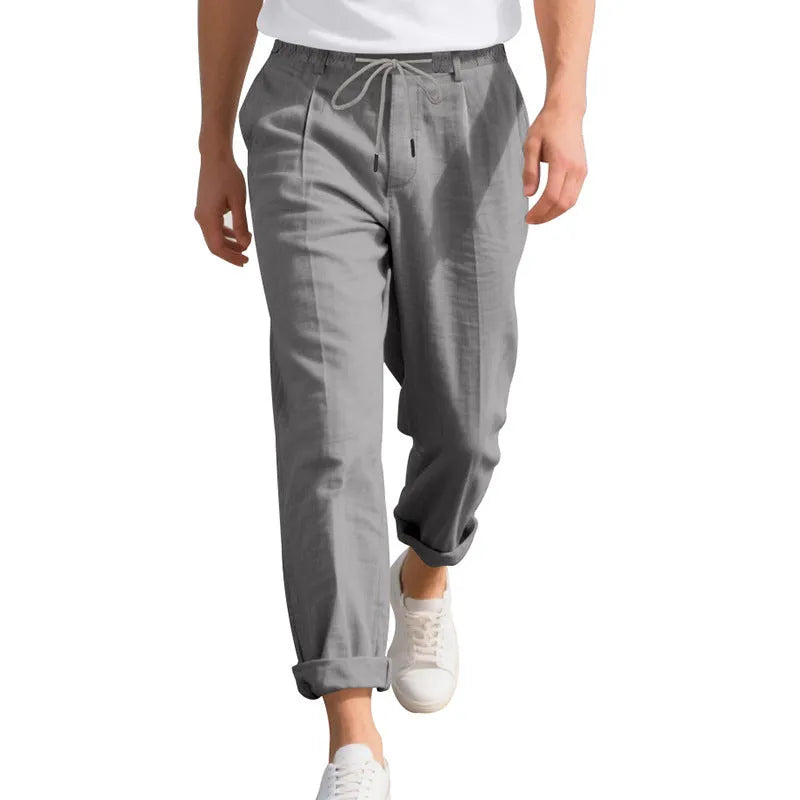 Men's linen casual trousers in loose straight-leg style with drawstring waist