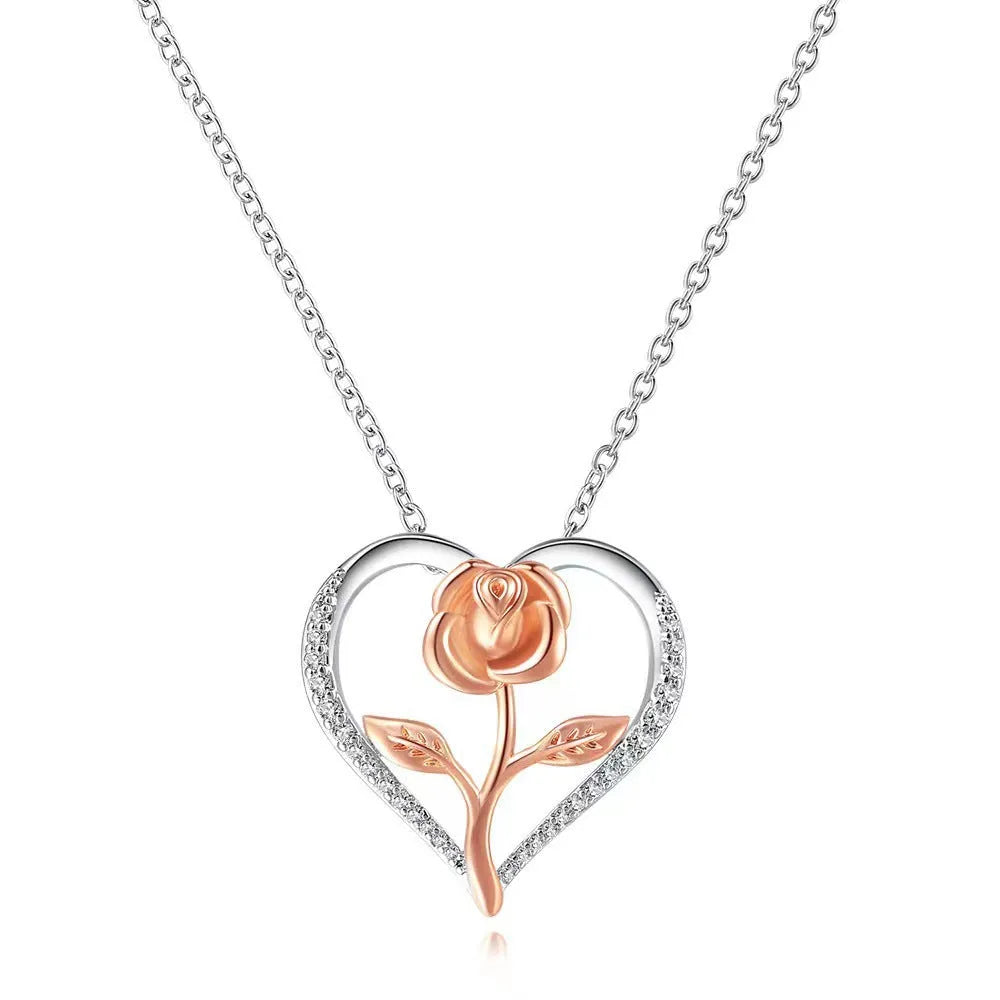 925 silver heart-shaped rose pendant necklace with electroplated finish on cross chain, unisex style