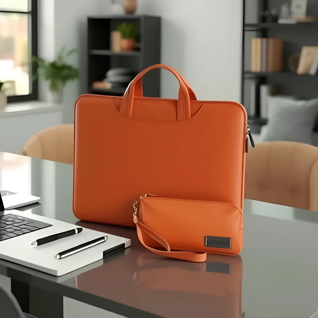 Black PU leather laptop bag with a removable power bank for 13-16 inch notebooks