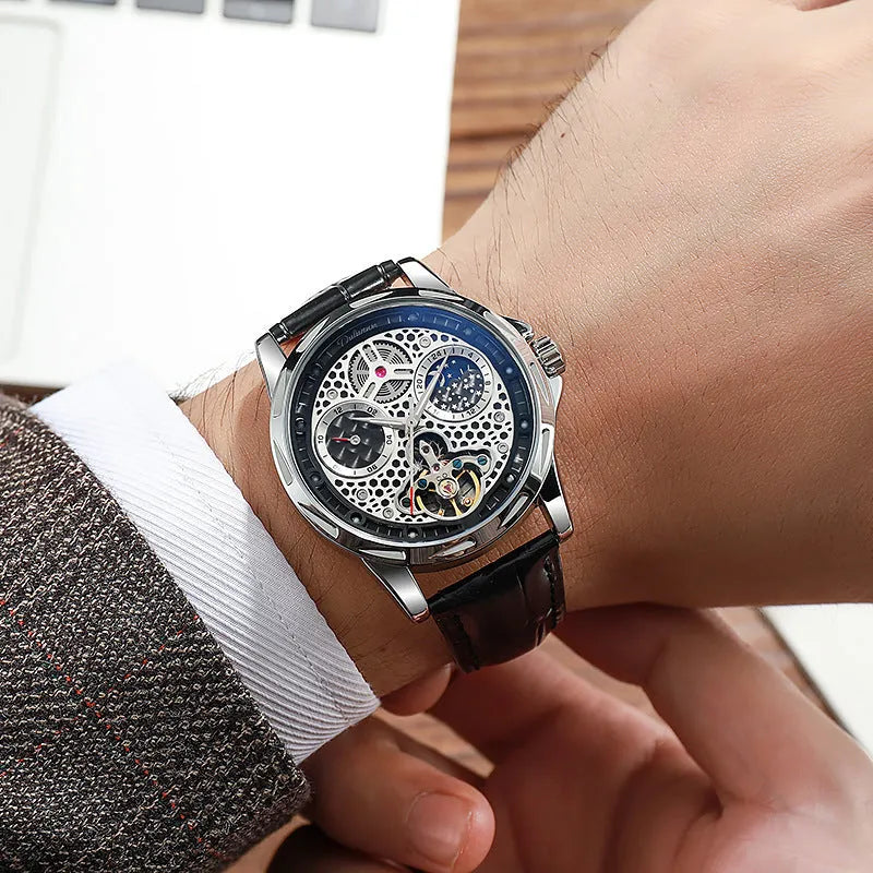 Men's automatic waterproof luminous watch with steel case and choice of leather or metal strap.