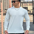 Men's crew neck casual plus size pullover long sleeve solid colour polyester top in black, white, dark grey, dark green, light grey, sizes M to 3XL