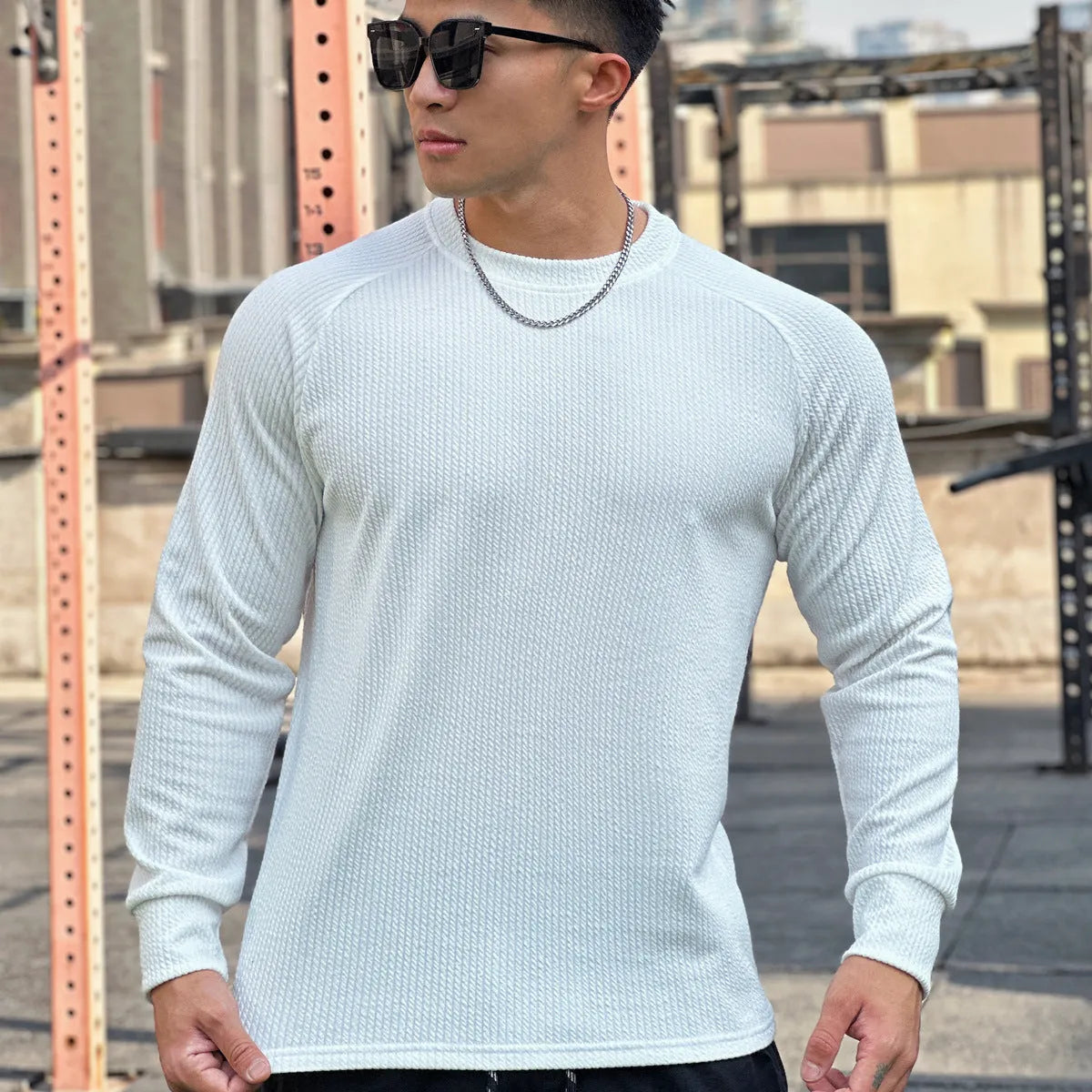 Men's crew neck casual plus size pullover long sleeve solid colour polyester top in black, white, dark grey, dark green, light grey, sizes M to 3XL
