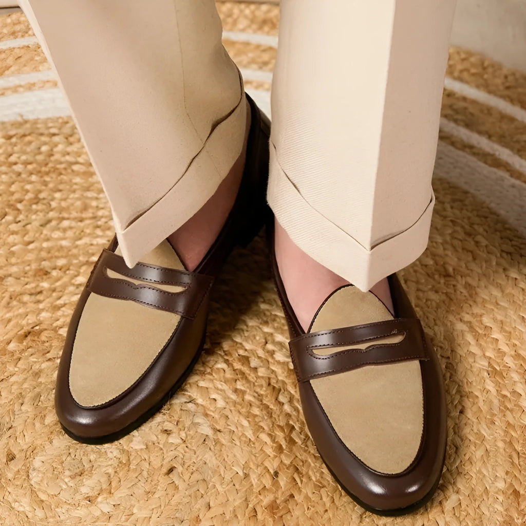 Coffee grey Belgian loafers slip-on shoes with high-gloss suede leather upper and rubber sole