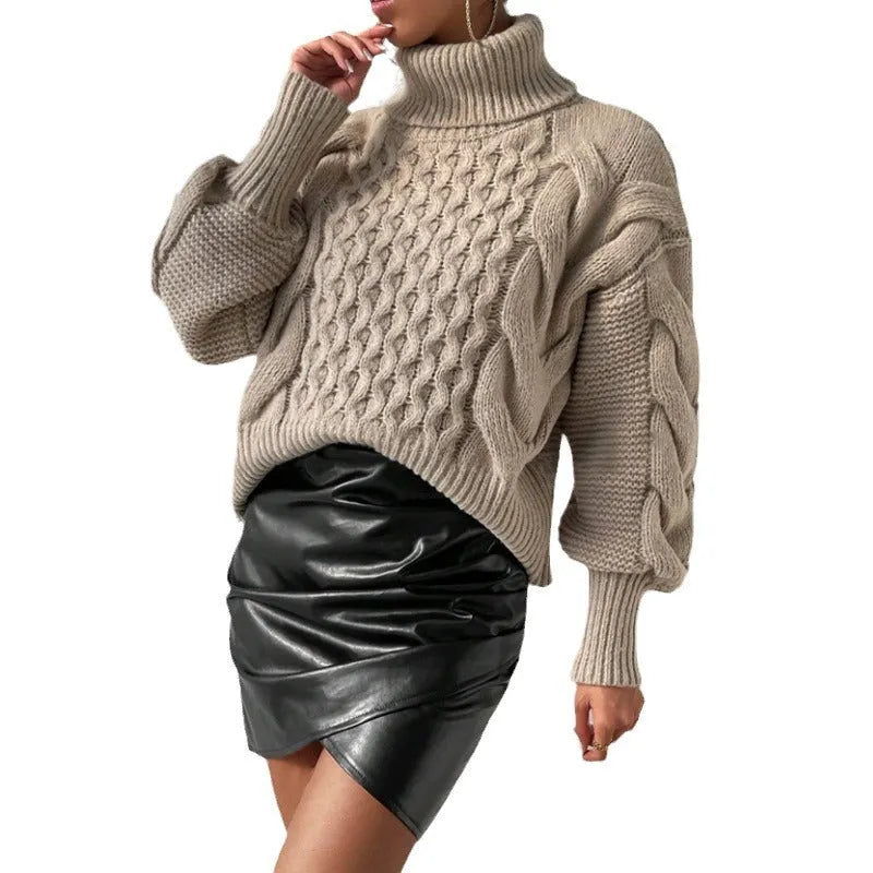 Twist thread solid colour loose pullover sweater for women in camel, polyester fabric, long sleeves