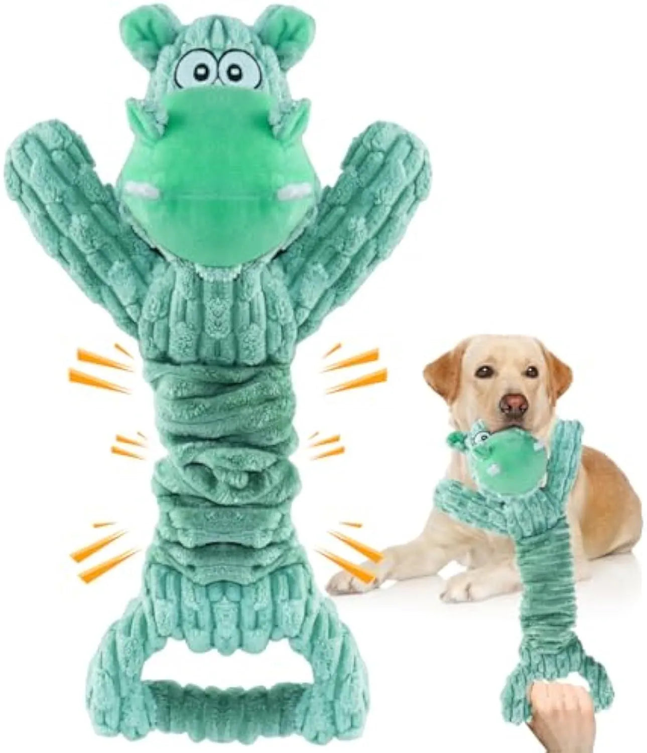Large plush hippo or monkey dog toy with a handle, shown for interactive squeaky and tug-of-war play.