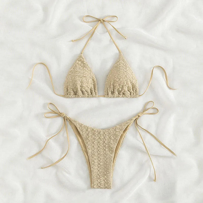 Women's high waist bikini swimsuit with lace-up side detail in polyester fabric