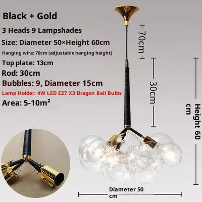 Nordic glass chandelier with warm light in black gold finish for children's room ceiling