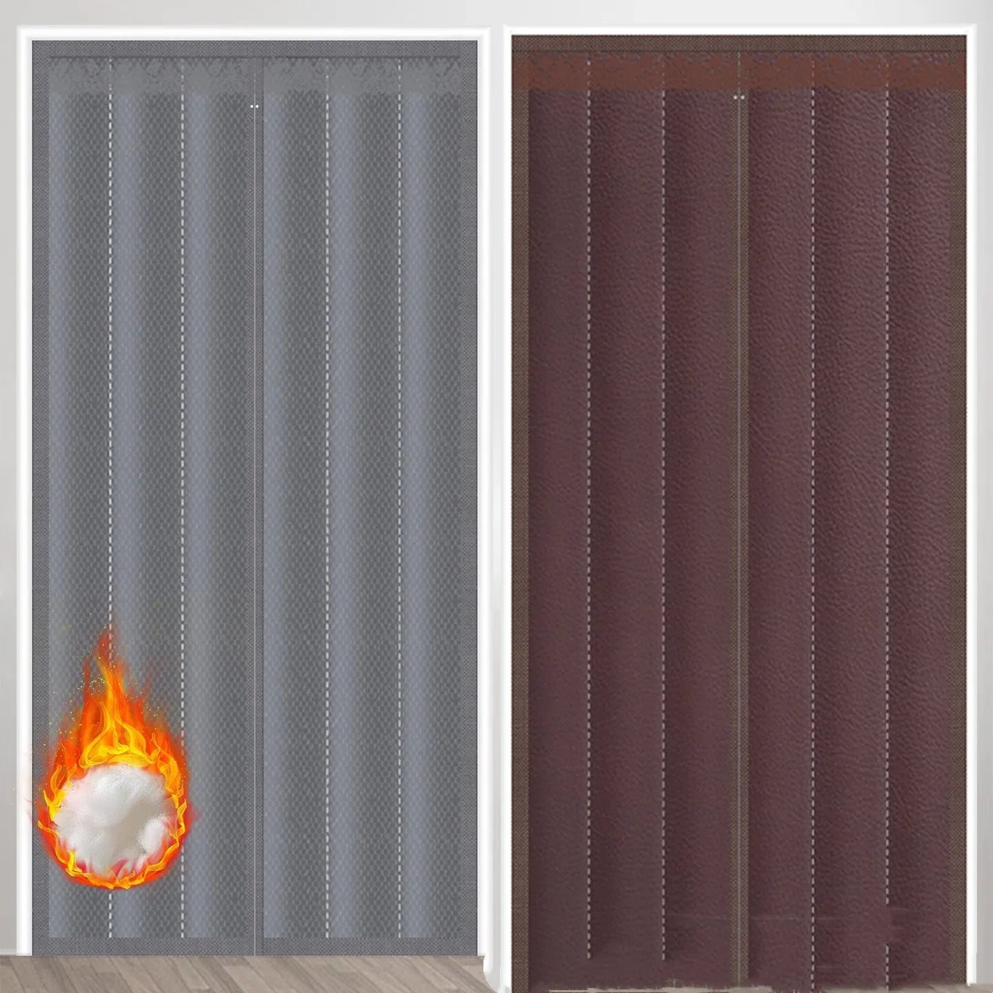 Magnetic strip cotton door curtain in a grey diamond lattice pattern, shown hanging over a doorway.