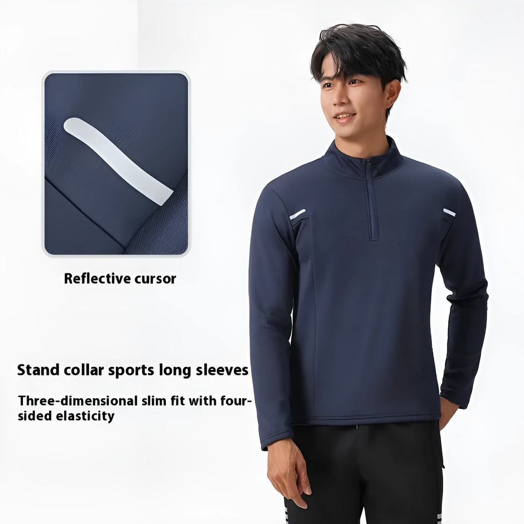 Men's half zipper windproof quick-dry polyester training top in black, long sleeve, spring autumn fitness wear