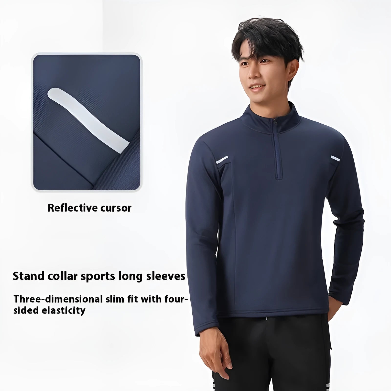Men's half zipper windproof quick-dry polyester training top in black, long sleeve, spring autumn fitness wear