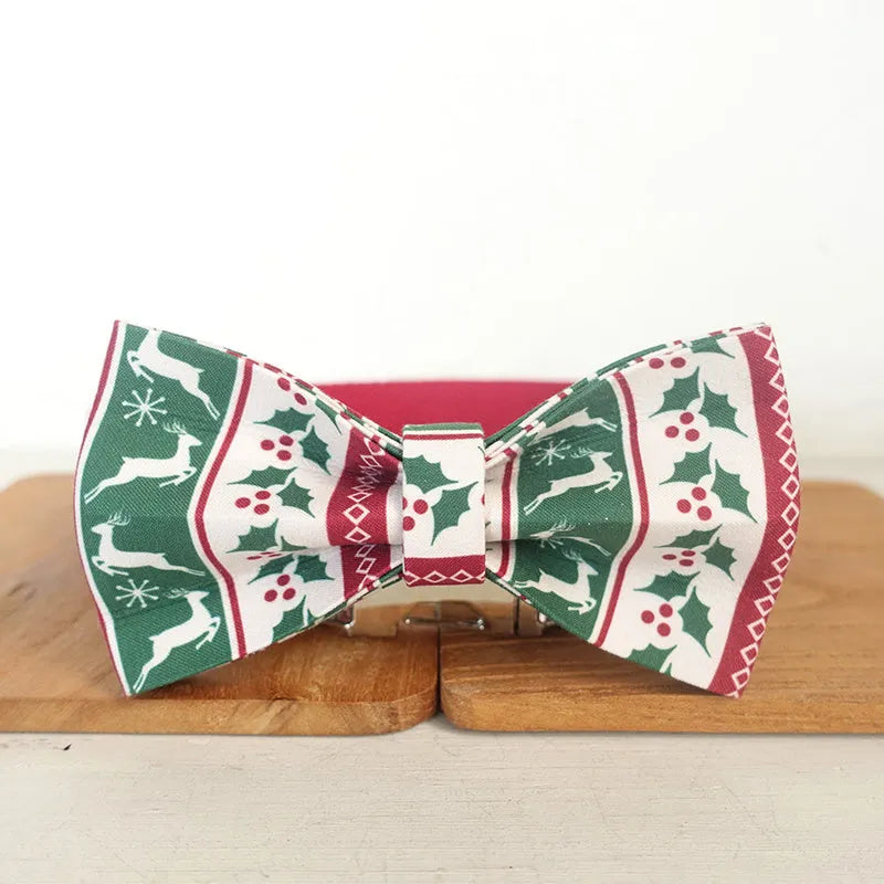 Dog thicken soft polyester collar set in light gold with Christmas deer design on a rope, available in sizes XS to XL