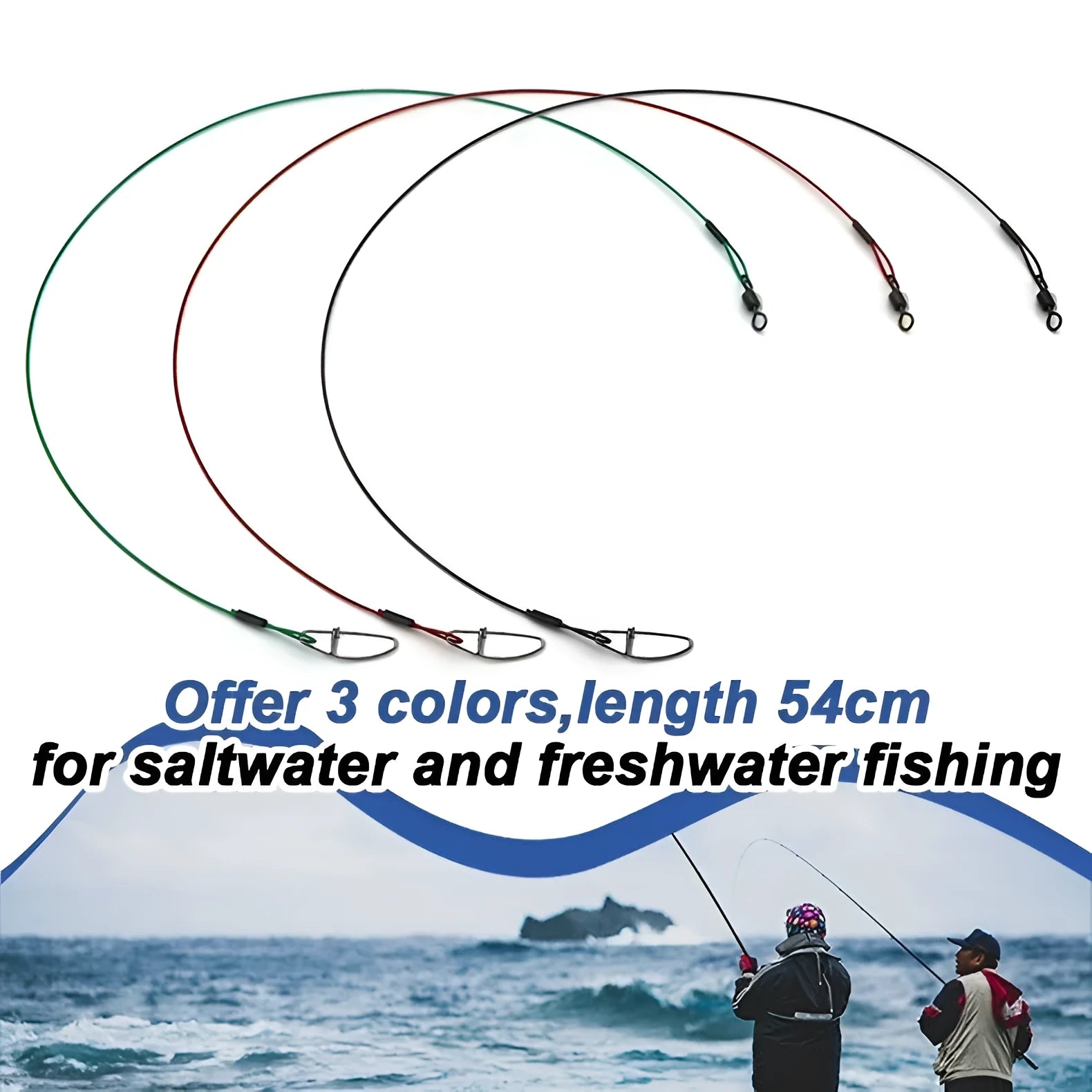 Ten green steel wire double buckle fishing pins laid out, each measuring 54 cm in length.