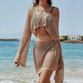 Khaki women's bell sleeve vacation clothing set with hollow-out design showing top and skirt