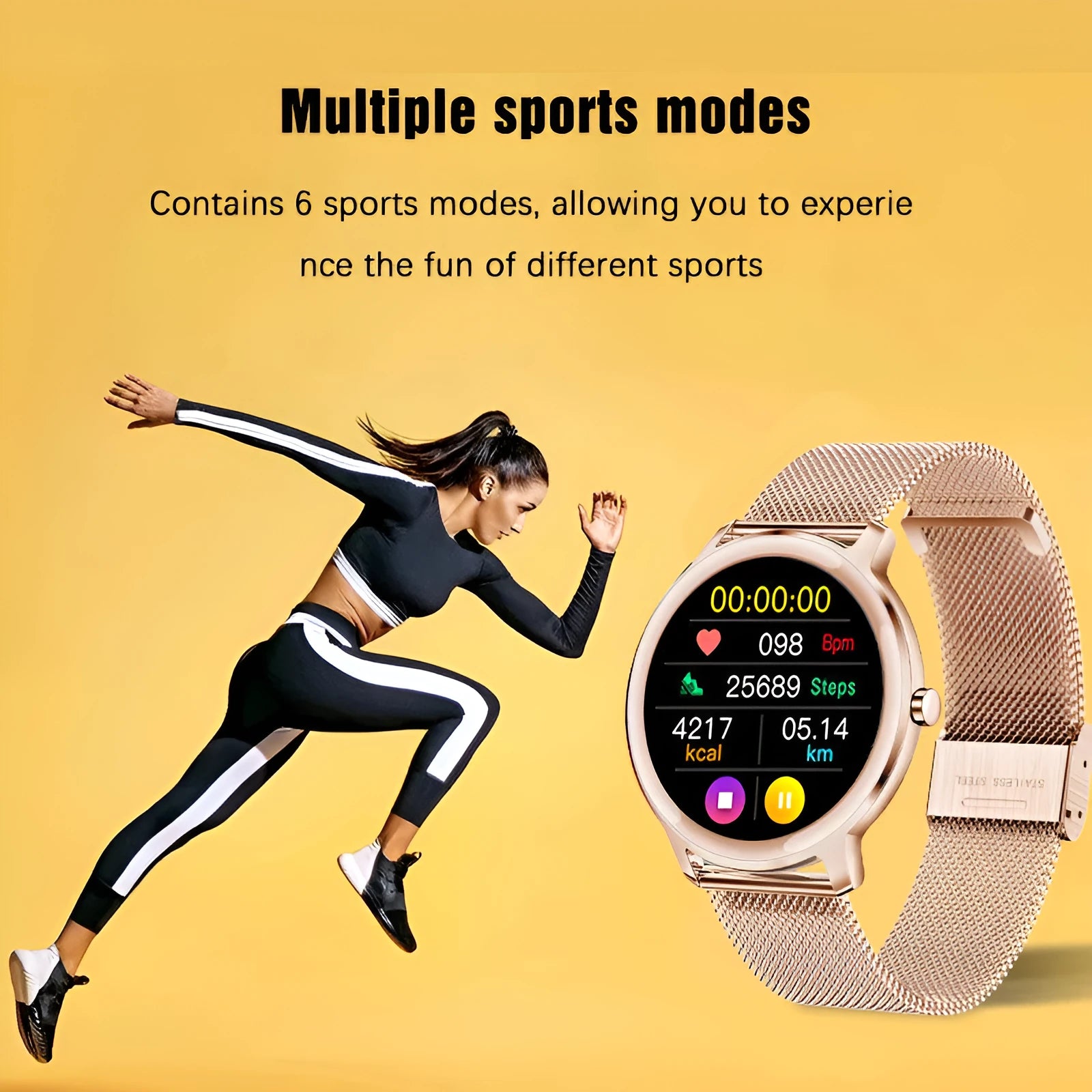 Women's rose silver stainless steel smart watch with 1.3-inch touch screen on wrist