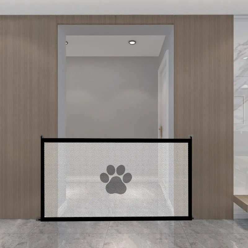 Portable folding dog barrier safety net fence with plastic support rods and pet doorsill design