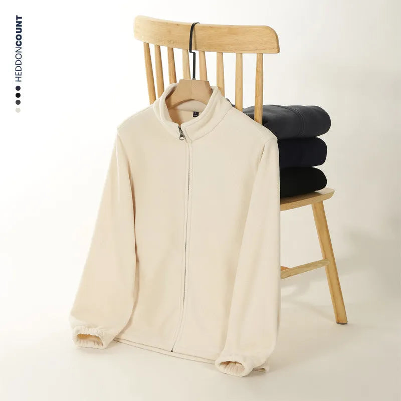Men's double-sided polar fleece stand-up collar zipper sweatshirt in beige, loose cardigan style with patch pocket