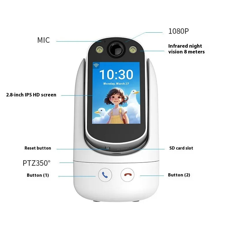 C20 two-way video call surveillance camera with 2.8-inch IPS screen, 1080P HD, white colour, front and side view
