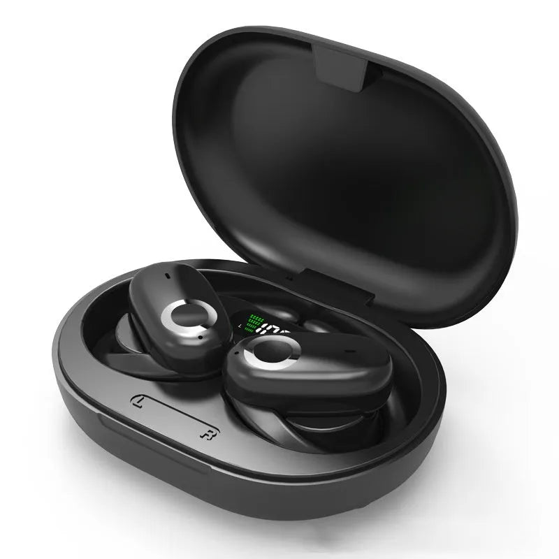 Rotating wireless Bluetooth headset with digital display, ear-mounted plastic design, black colour option