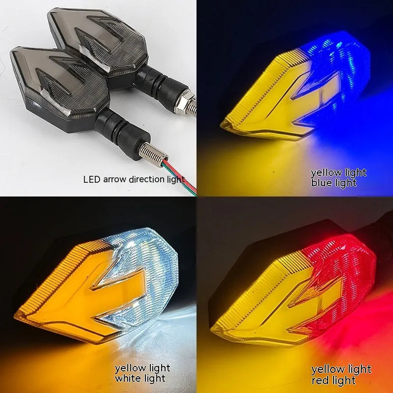 Arrow-shaped LED motorcycle indicator lights showing yellow with blue, red, or white lighting options