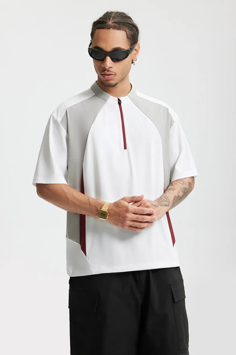 Men's solid-colour polyester top in black or beige with long sleeve and short sleeve options