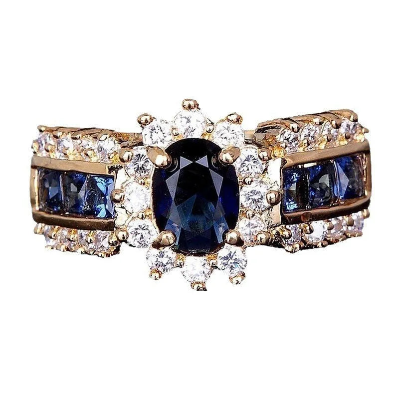 Personalised fashion rings with diamond treatments in blue and purple designs on zinc alloy