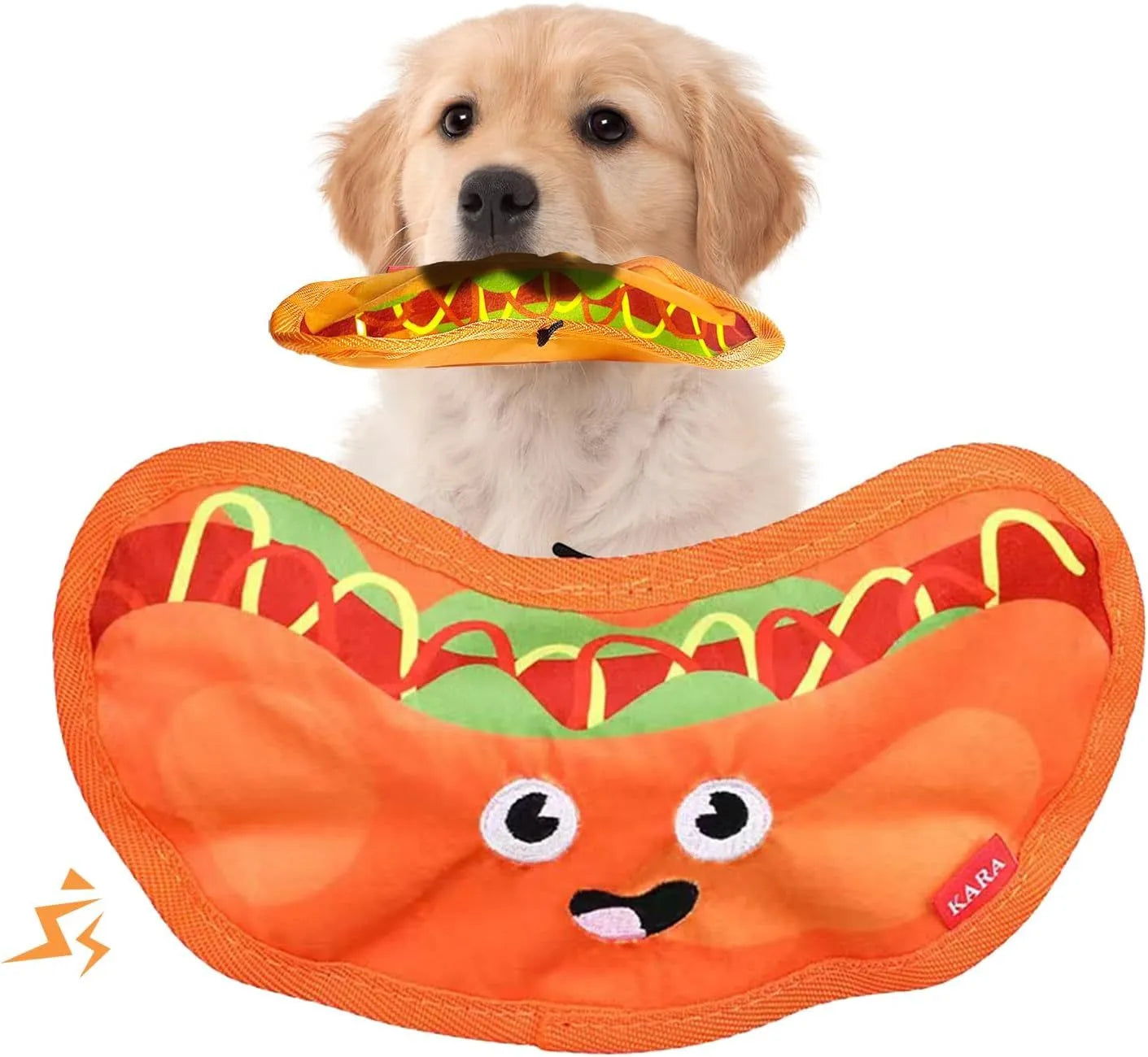 Food-shaped dog toys including hamburger, fries, hot dog and pizza designs with crinkle and squeak features