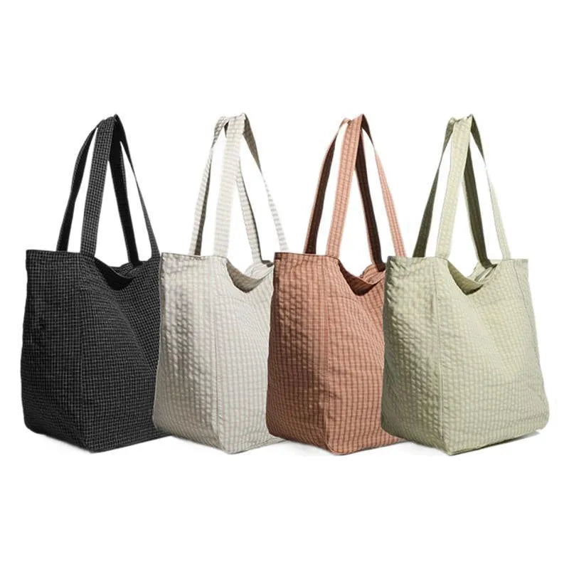 Polyester striped seersucker women's bag with horizontal square shape and three-dimensional pocket in apricot colour