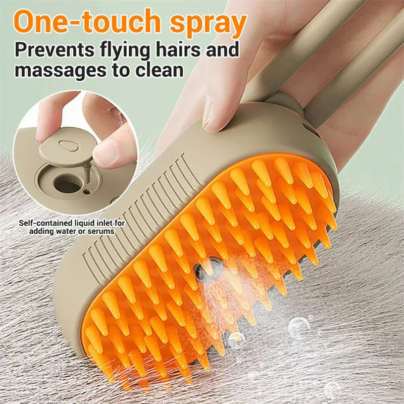 Porcelain White 3-in-1 Electric Steam Pet Brush with silicone bristles and USB charging port