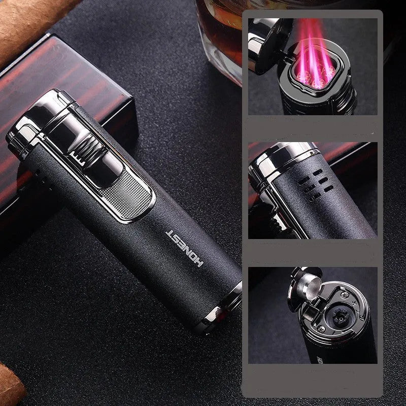 Cylindrical metal inflatable four-straight cigar lighter in zinc alloy, 89x26x28mm, available in five colours