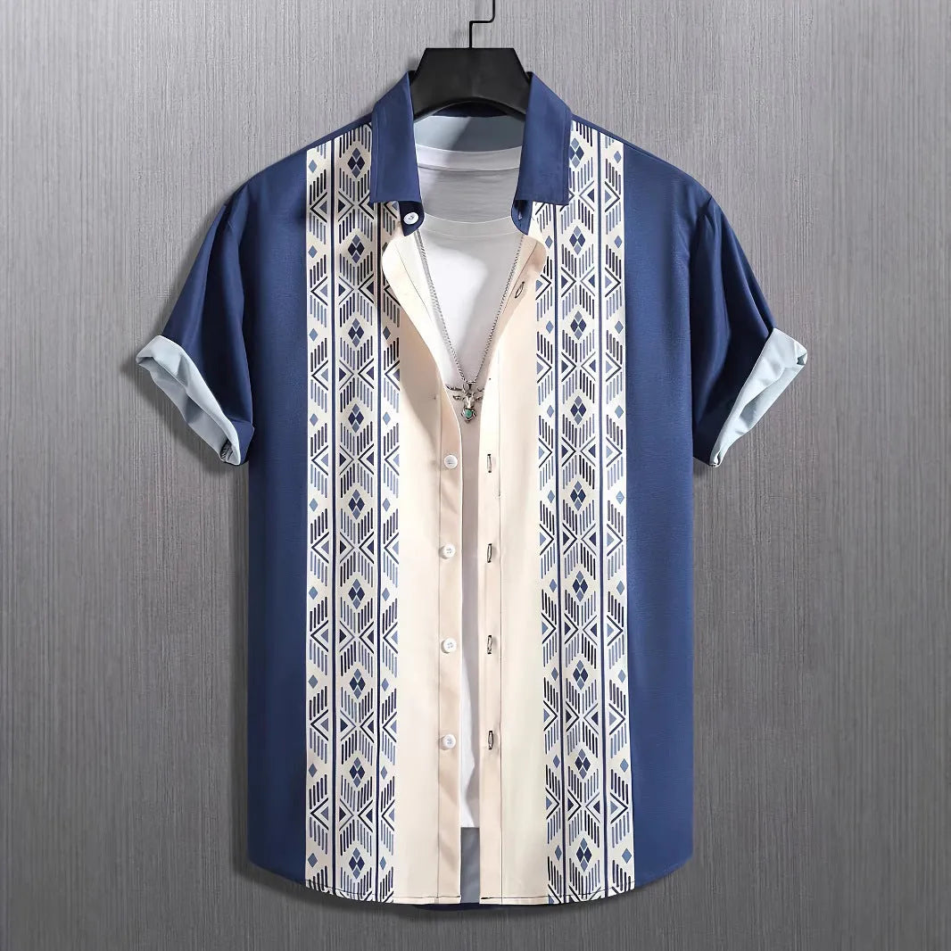 Man modelling a loose-fit plaid short-sleeve cardigan shirt with a lapel neckline.