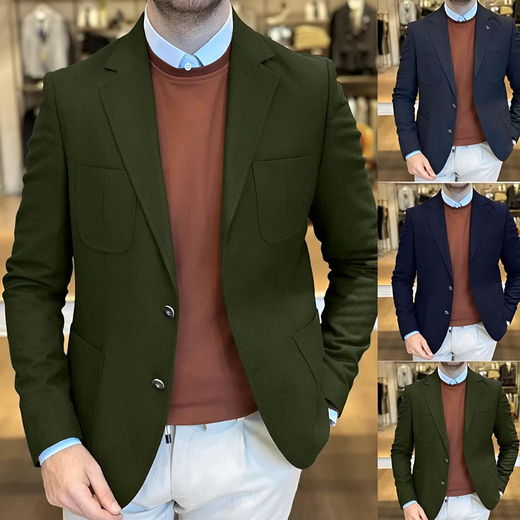 Men's loose fit cotton casual jacket in army green displayed front and back