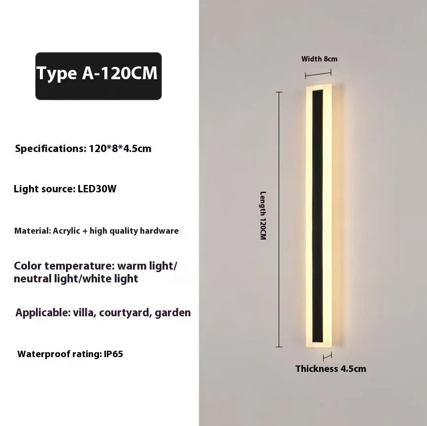 Straight outdoor LED wall lamp with wrought iron shell mounted on an exterior wall.