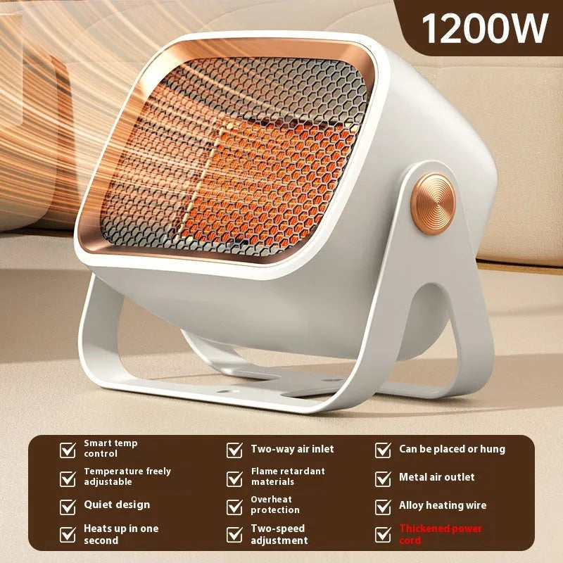 Compact desktop ceramic heater in white with push-button controls and rotatable air vents