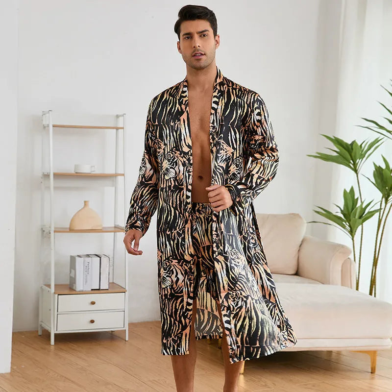 Men's tiger pattern ice silk bathrobe and shorts set laid flat showing long sleeves and short length pants