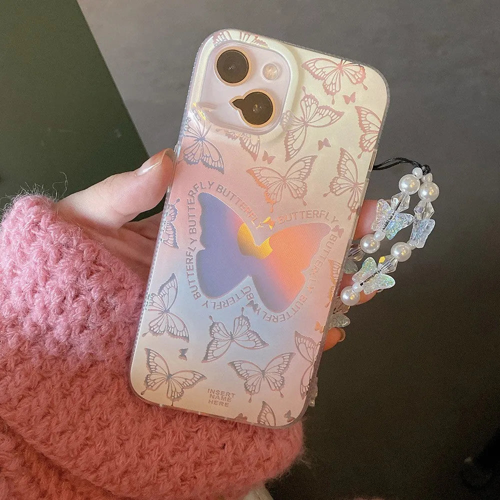 Laser gradient butterfly women's TPU phone case on iPhone 13, showing butterfly pattern and chain option