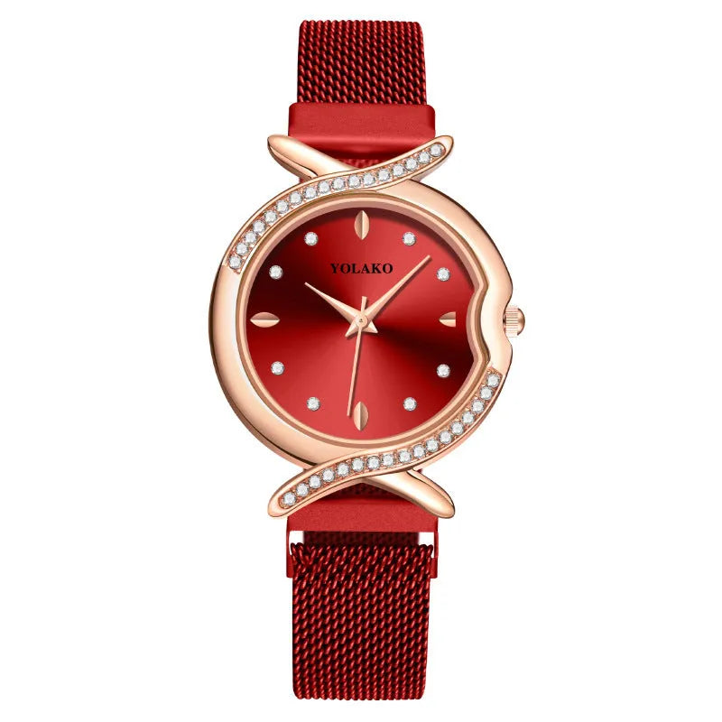 Diamond ladies quartz watch with round 32mm metal dial, metal strap, and 24-hour subdial on a white background