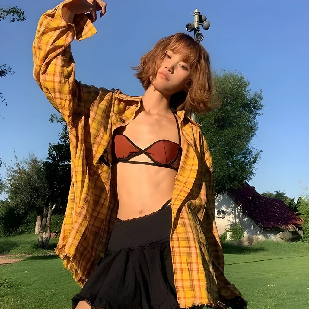 Dopamine Yellow loose fit plaid shirt for men and women on a hanger.