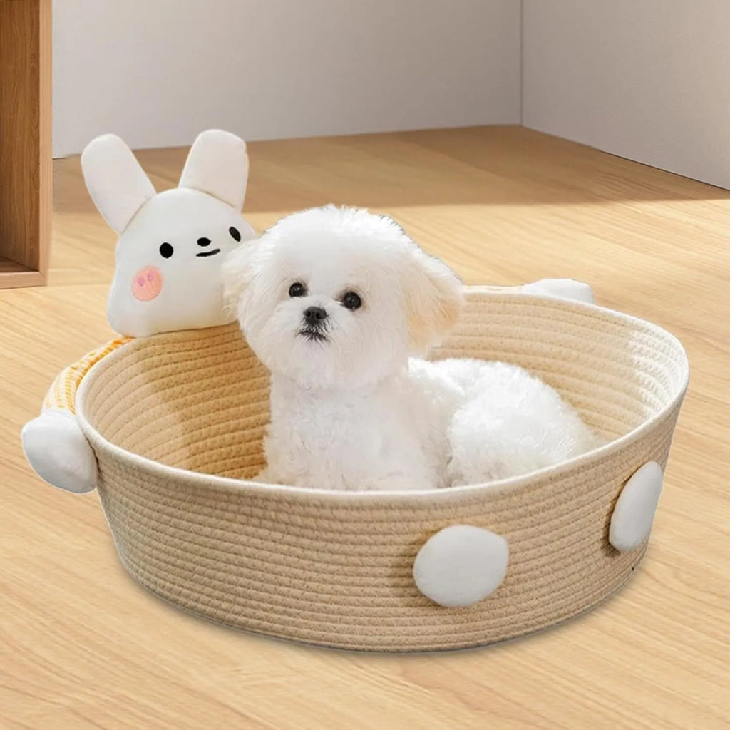 Woven cotton rope cat bed basket with scratching pad in Bear or Rabbit design